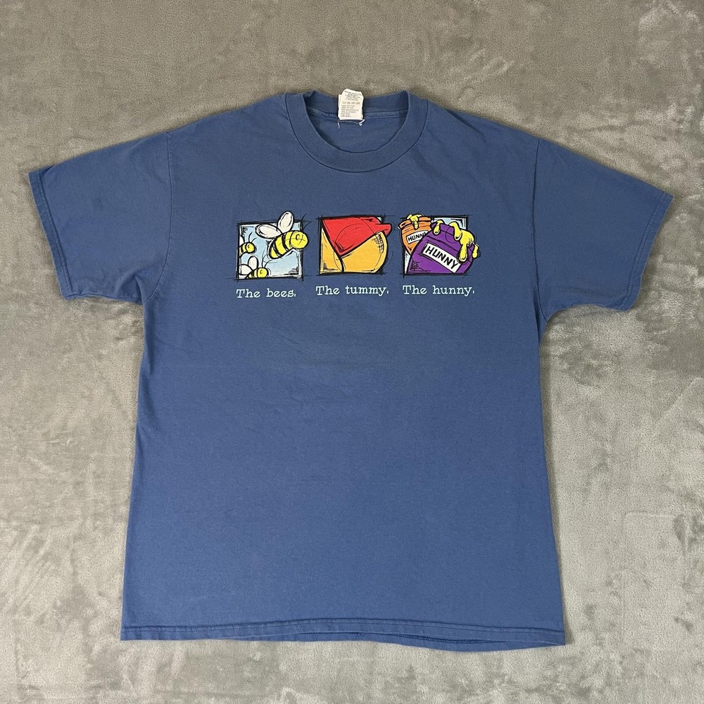 Vintage Disney Store Winnie The Pooh Shirt Mens Large Blue Bees Hunny USA 90s