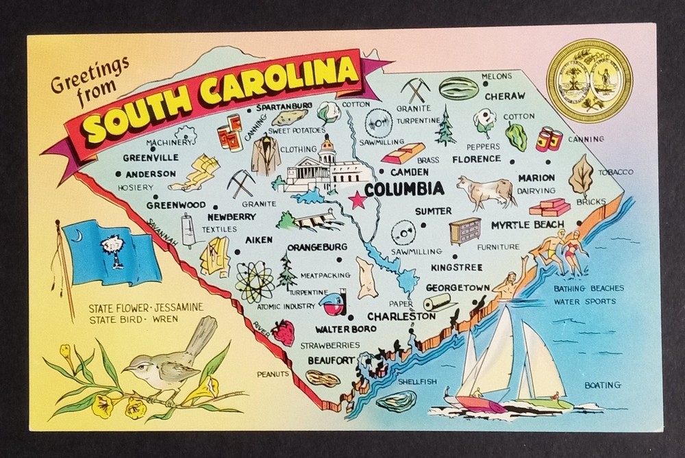 Greetings from South Carolina Pictorial Map Lusterchrome Postcard 1950s