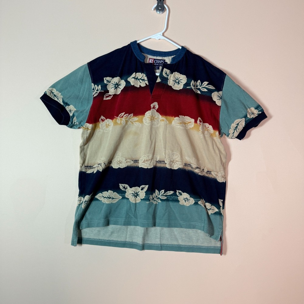 Vintage Chaps Ralph Lauren Floral Print Pique Crew Neck Tee T-Shirt Small VTG