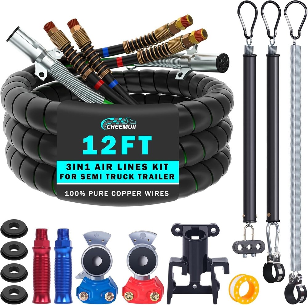 12FT Heavy-Duty 3-in-1 Semi Truck Air Lines Kit Includes Glad Hands & Sturdy Handles  