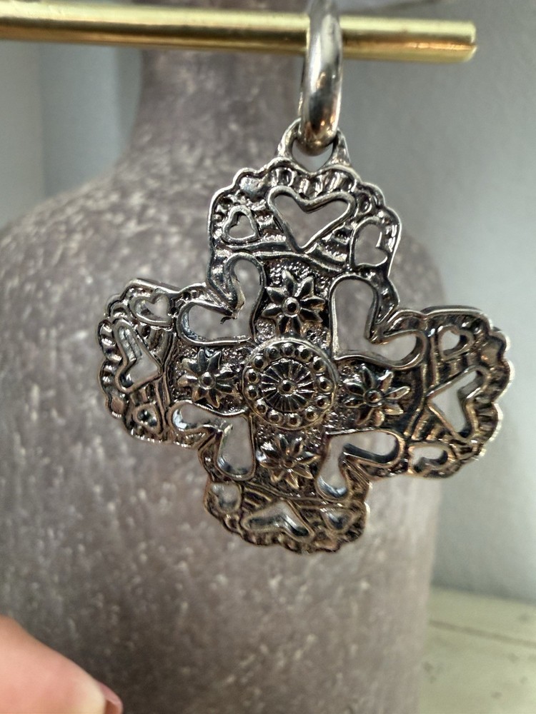 Vintage Silver Tone Heart Cross Pendant Openwork Floral Religious Charm
