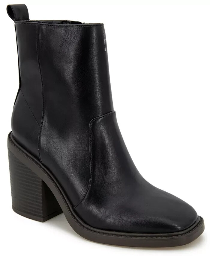 Kensie Klinton Women's 9 Black Leather Side Zip Chunky Heel Square Toe Boots
