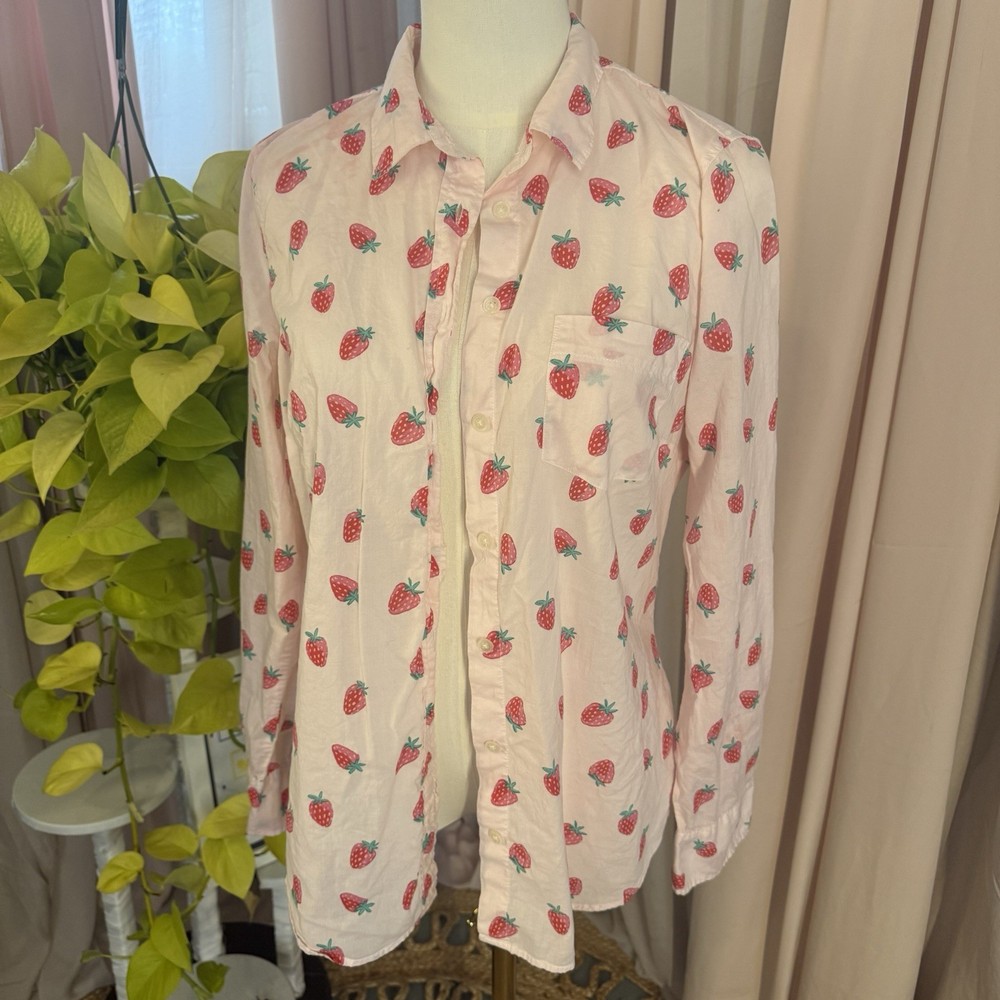 J. Crew Pink Strawberry Print Button Up Shirt Size M Hand Dye Rework 100% Cotton