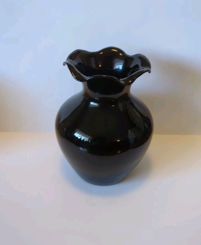 Vintage Black Amethyst Glass Vase with Ruffled Edge 4.25