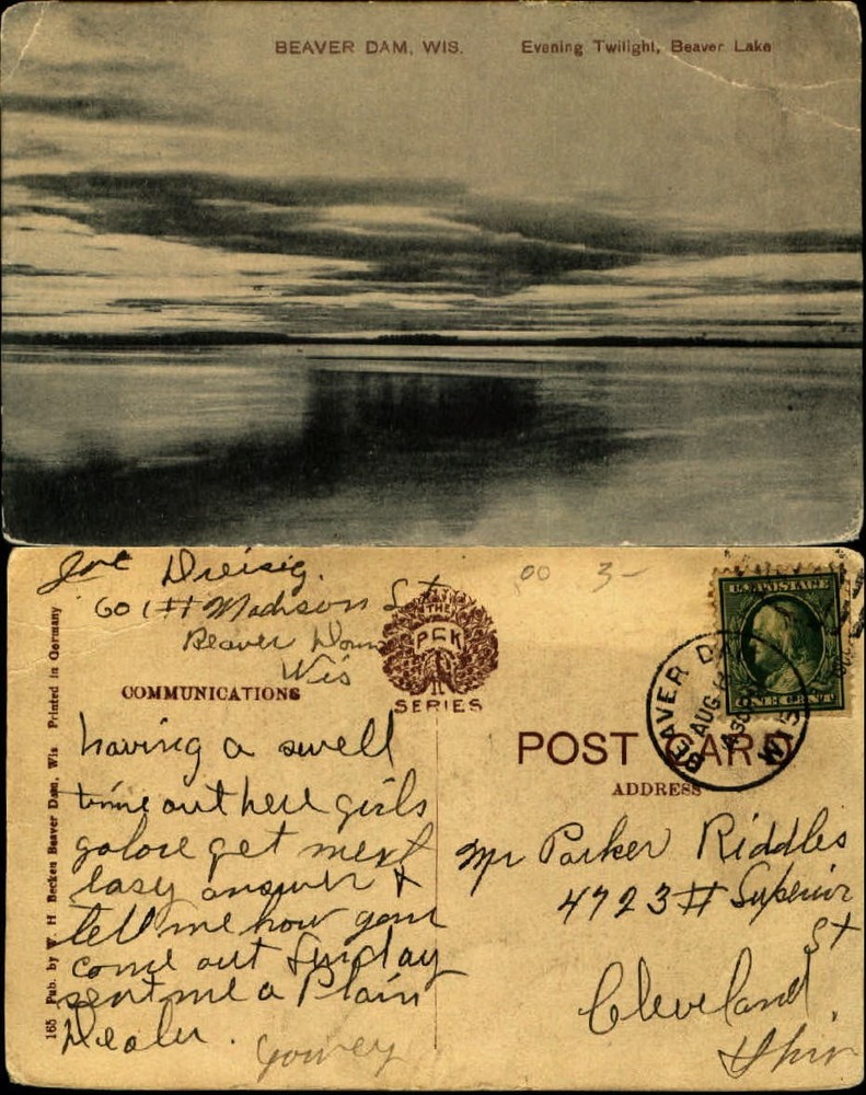 Twilight at Beaver Lake in Beaver Dam Wisconsin WI PCK mailed 1909