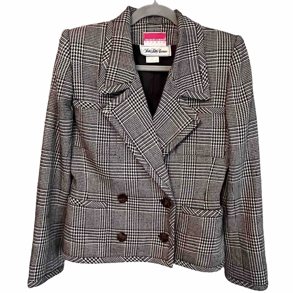 Vintage Oscar De La Renta Jacket Glen Check Print Houndstooth Size 6 Rare