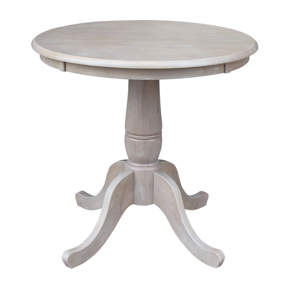 Solid Wood Round Pedestal Dining Table in Washed Gray Taupe Finish