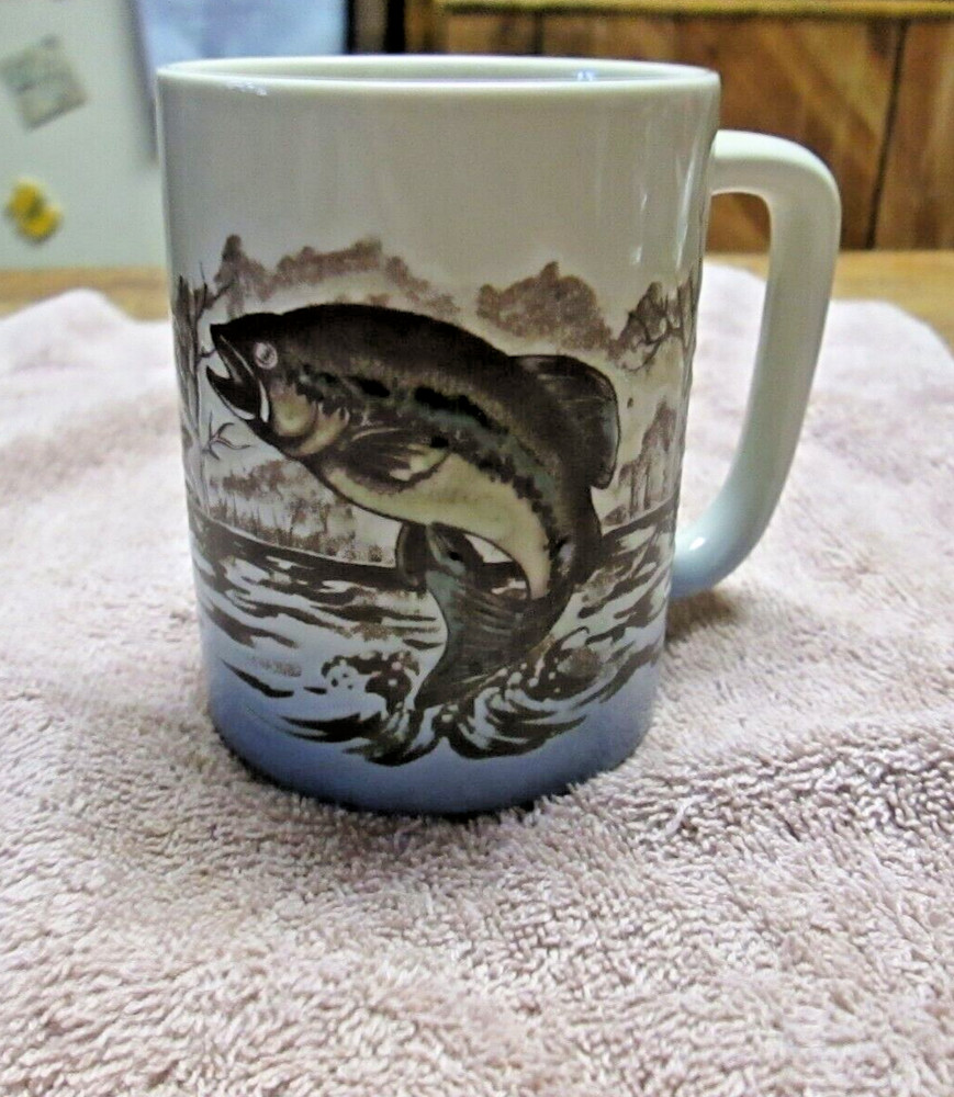 Vintage Ceramic Fishing Jumping Bass Coffee Mug Handpainted by Otagiri, Japan