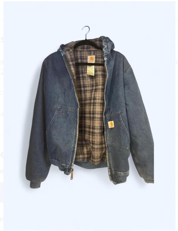 Carhartt Denim jacket Hooded flannel Lined Zip Logo- YOUTH XL/ MENS S