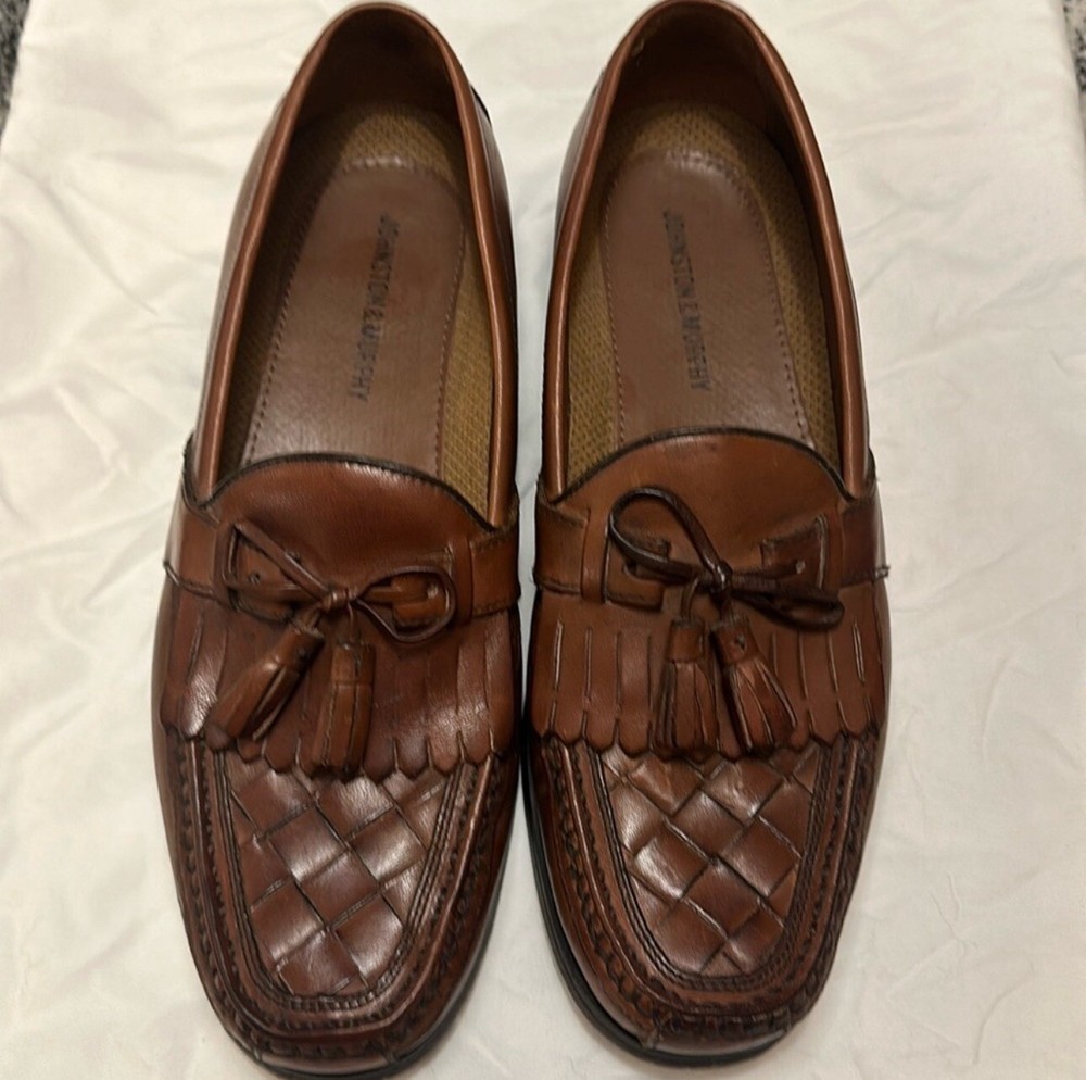 Johnston & Murphy Fringe Tassel Loafer Shoes Leather Woven Basket Weave Mens 9M