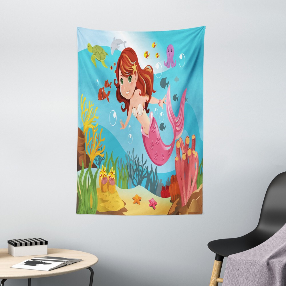 Mermaid Tapestry Cheerful Underwater Print Wall Hanging Decor
