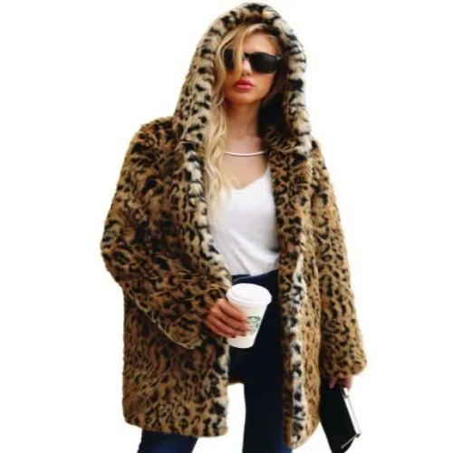 Women’s Leopard Print Faux Fur Hooded Coat Winter Warm Jacket