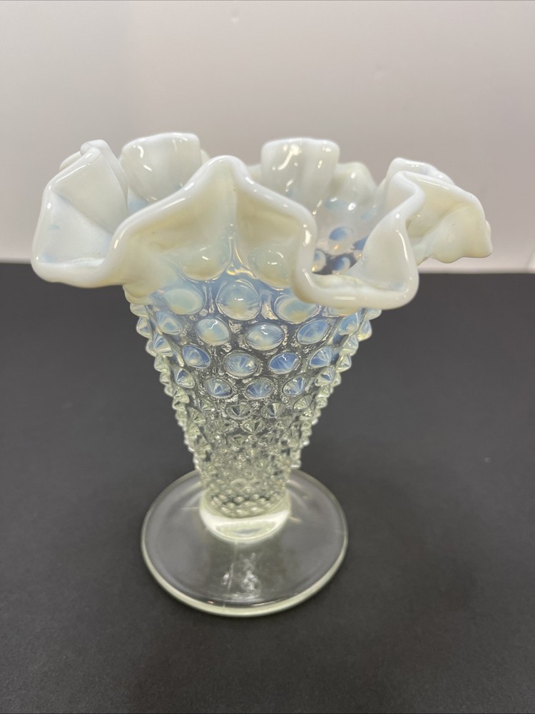 Vintage Fenton Moonstone Hobnail White Opalescent Trumpet Vase Ruffled Edge 6”