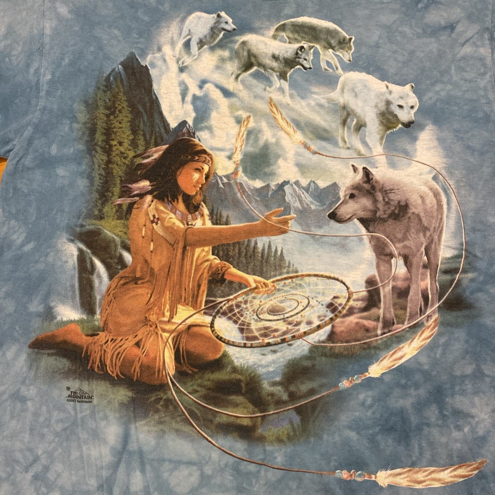 VTG The Mountain Shirt Size Large Adult Short Sleeve Native American Wolf  Y2K