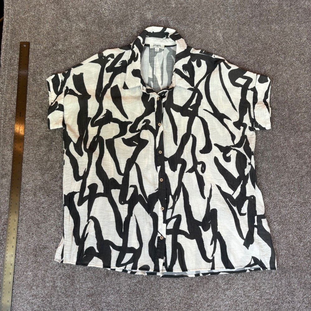Umgee Black White Abstract Print Button Down Short Sleeve Shirt Women's Size S
