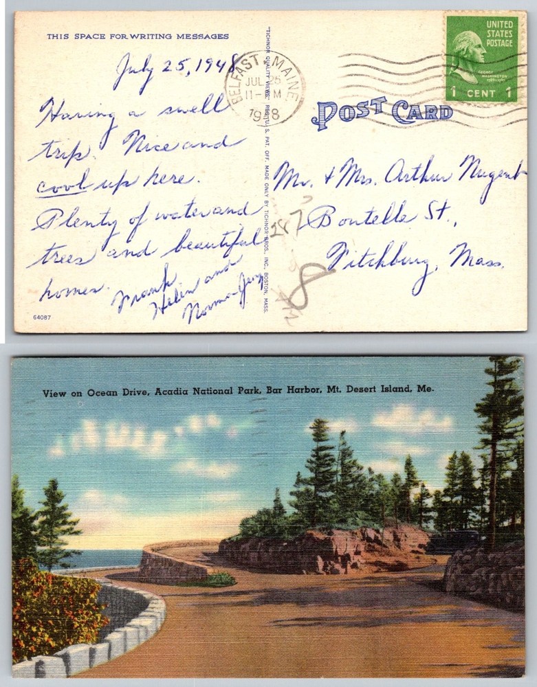 1948 Ocean Drive Acadia National Park Bar Harbor ME Linen Postcard Tichnor-image