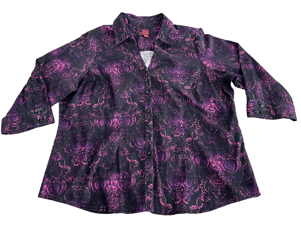 Vtg 212 Collection Women's 1X Purple Black Floral Paisley Button-Up Blouse Top