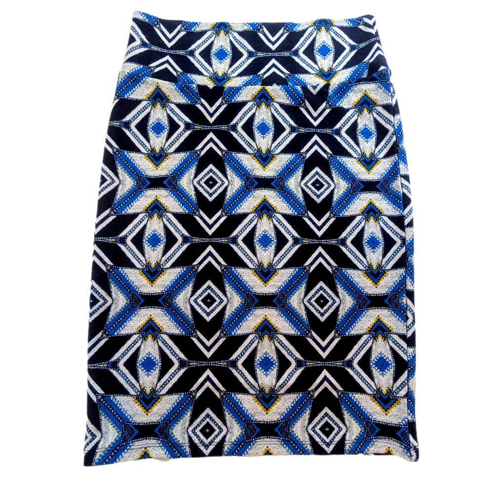 LuLaRoe Cassie Skirt Size Medium Blue Yellow Geometric Boho Pencil Stretch Knit