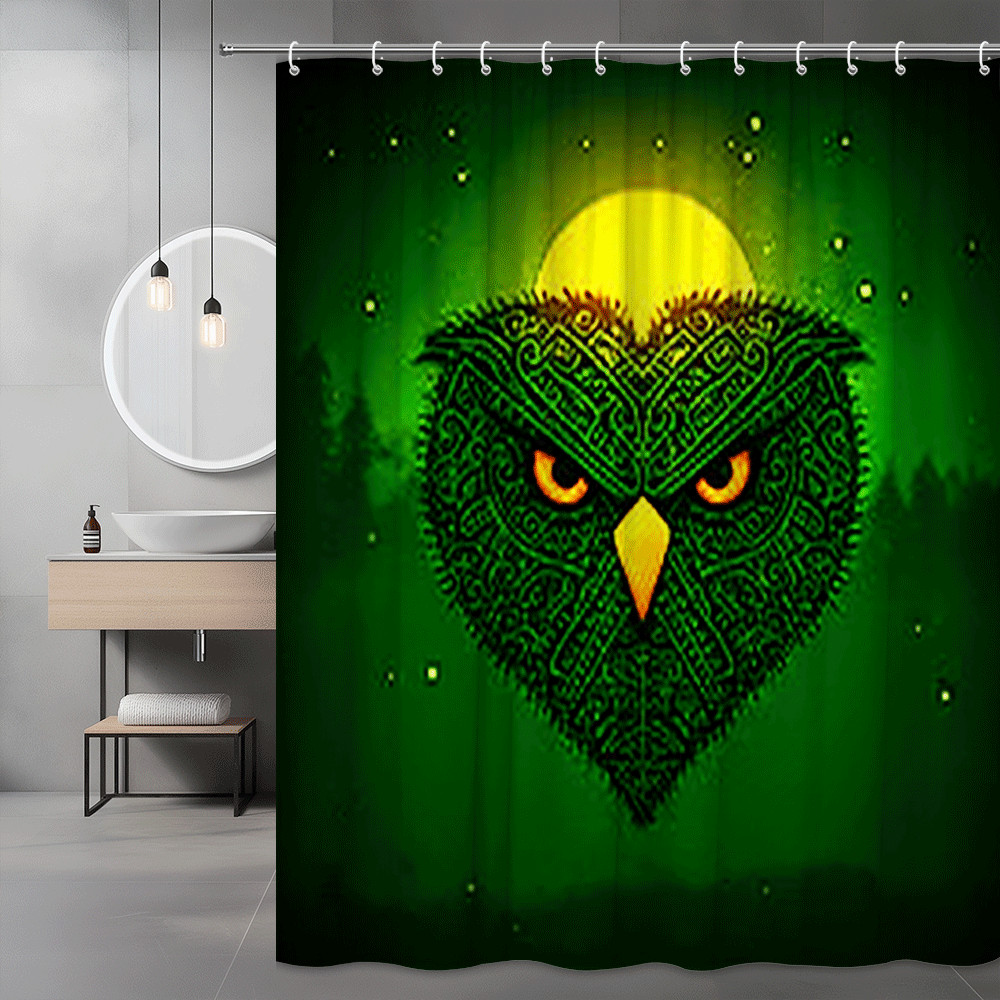 Owl Face Shower Curtain Green Black Moon Eyes Graphic