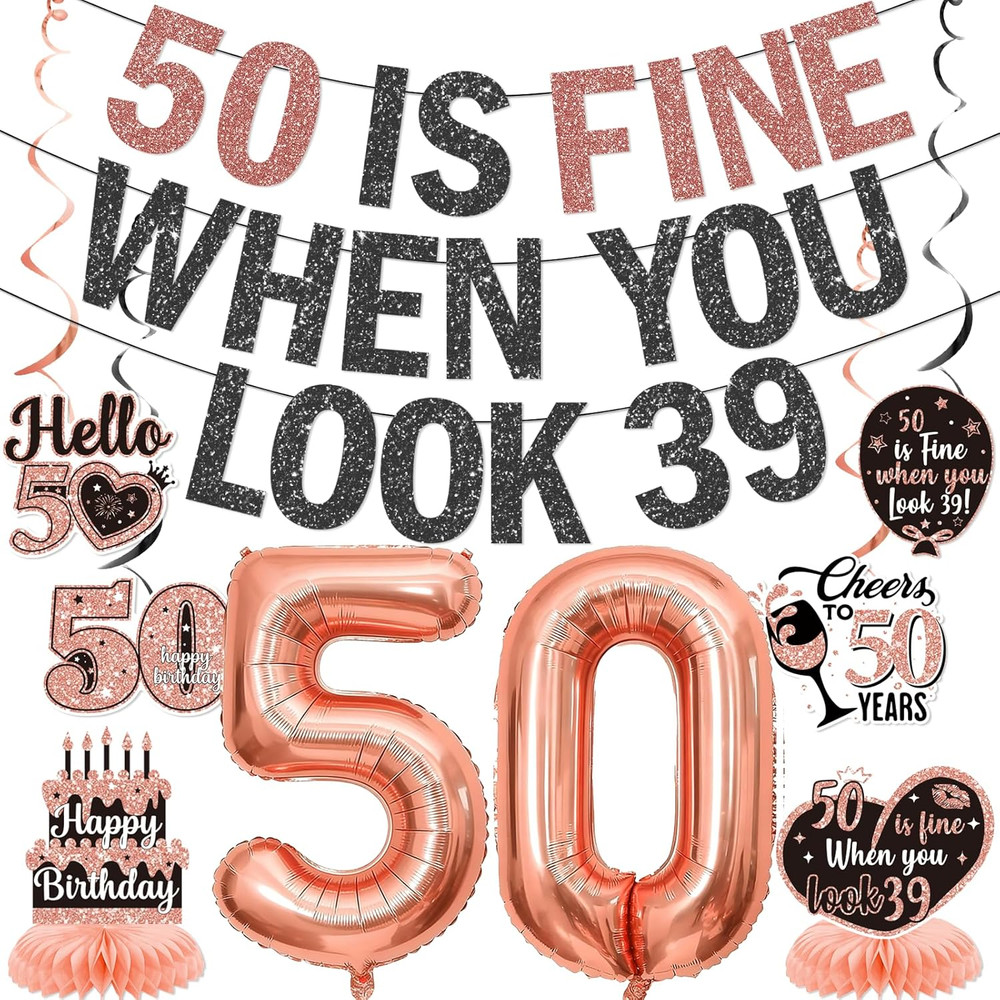 50Th Birthday Decorations for Women: Pre-Strung 50 Is Fine When You Look 39 Bann