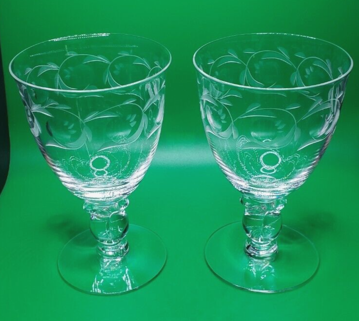 Heisey Glass Lariat Water Goblet with Moonglo Cutting - set of 2