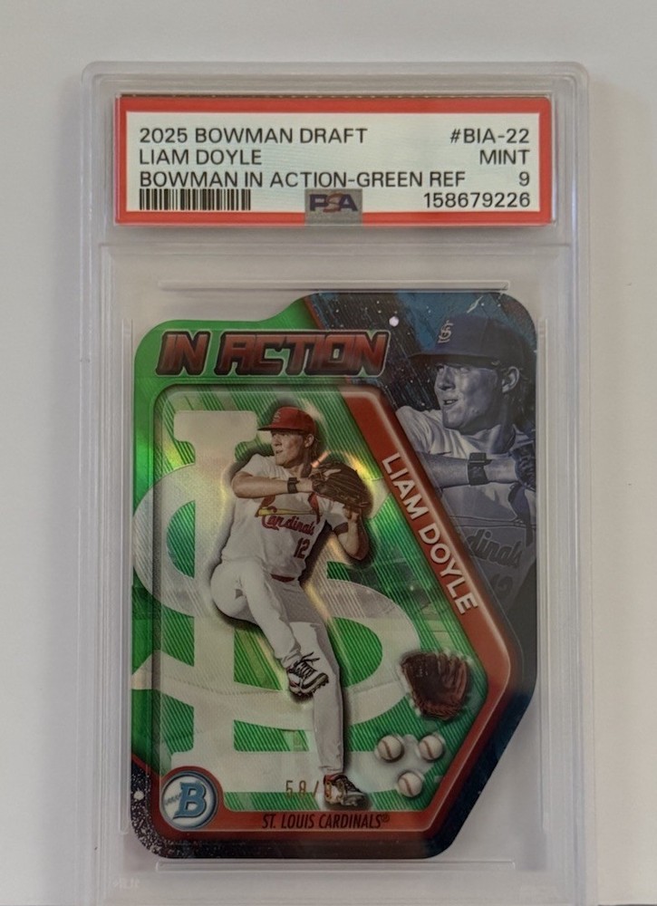 2025 Bowman Draft Liam Doyle ‘Bowman In Action’ Green Refractor /99 PSA 9