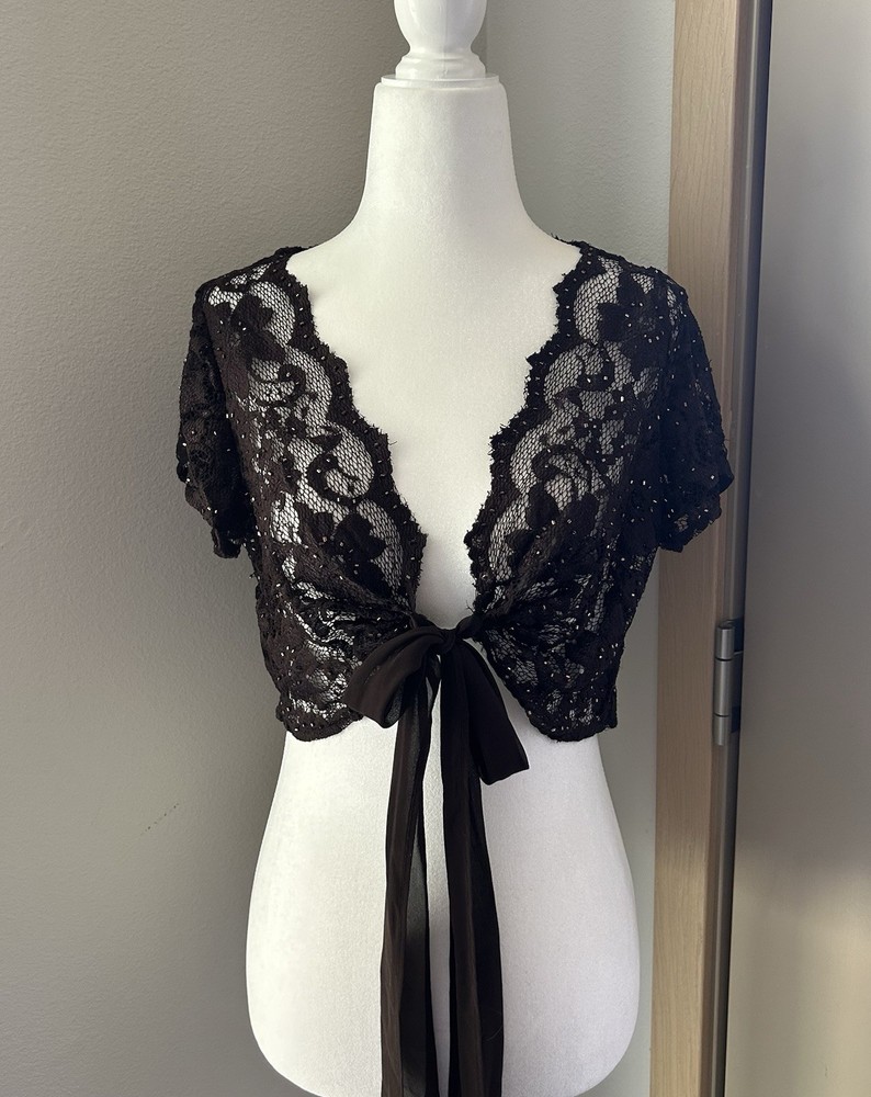 Brown Lace Beaded Bolero Top Fairy Coquette Feminine Twee Retro Cottagecore Y2K