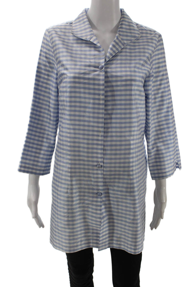 Connie Roberson Women Silk Collared Button-Up Tunic Blue Check 3/4 Sleeve Size MFree Shipping in US $100+ Orders | $6.95 Orders Below