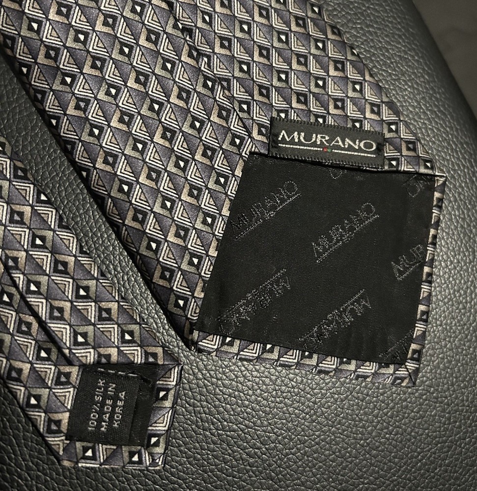 Murano Italia Men's Geometric 100% Silk Necktie Made In Korea Grey/beige/black