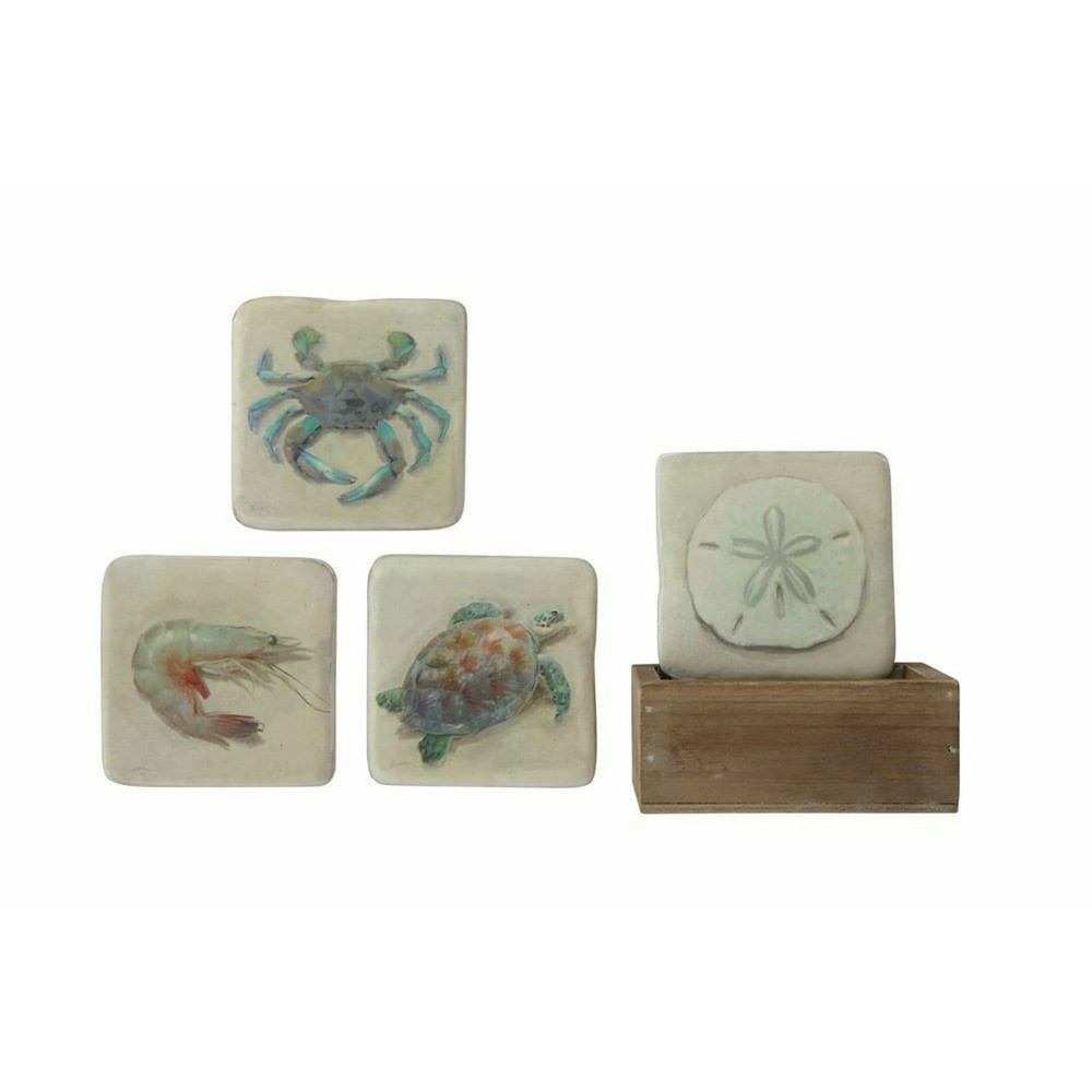 Sea Life 4 piece Drink Coaster set Sea Turtle Crab with Wood Stand, see photos