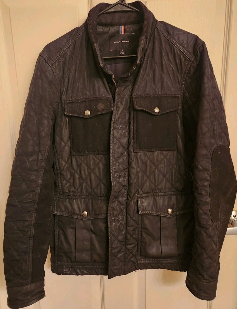 Banana Republic Men's Black Quilted Jacket Zip Button Band Collar M Casual