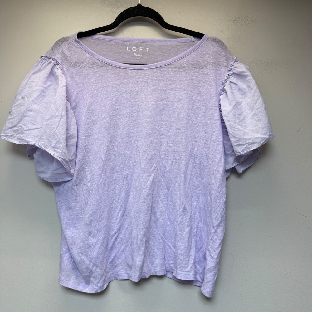 LOFT Flutter Sleeve T-Shirt Women L Purple Excellent Linen Blend Ruffle Tee