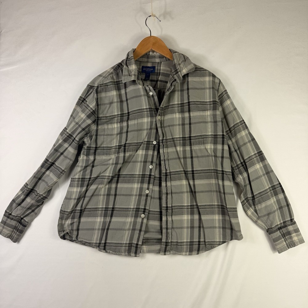 Arizona Jean Co Mens Gray Black Plaid Flannel Long Sleeve Shirt Large Cotton