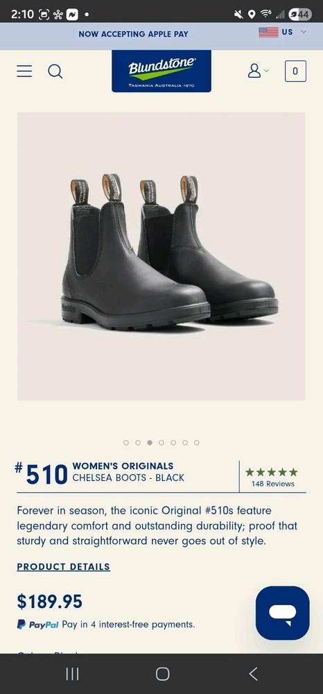 Blundstone Originals 510 Unisex  , Black ,Size 9m , Size 11 Women
