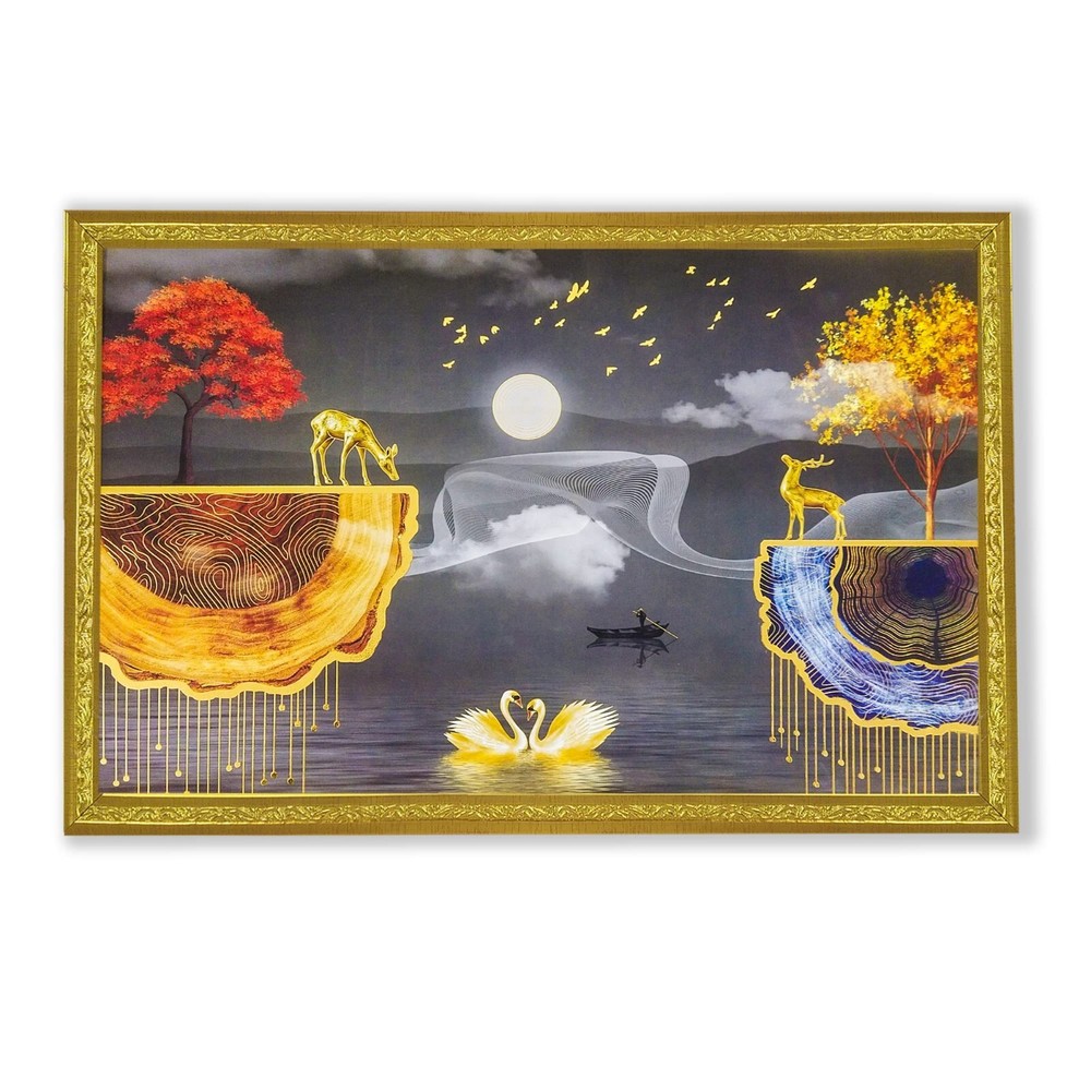 Abstract art Framed Golden Foil 3D Style Landscape Poster with 2 Deer Standing-image