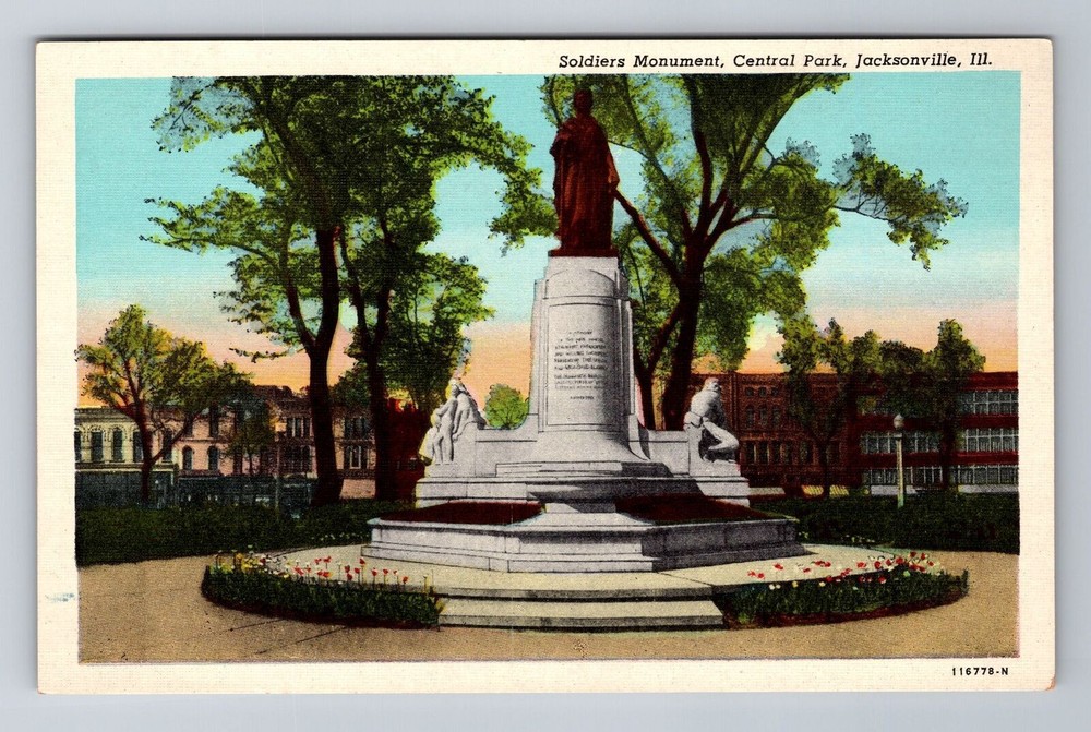 Jacksonville IL- Illinois, Soldiers Monument, Central Park, Vintage Postcard