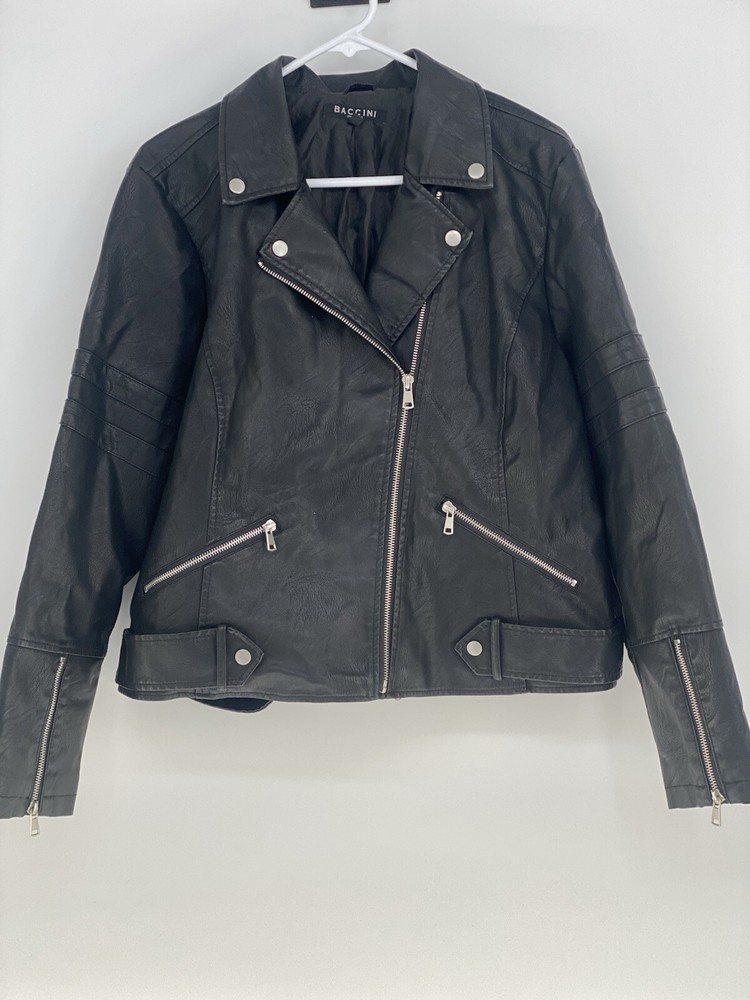 Baccini Faux Leather Cropped Moto Jacket Black Size XL Full Zip