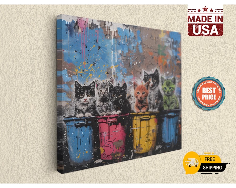 Cute Kittens Street Art Graffiti Grunge by Banksy on Canvas Print - Home Decor