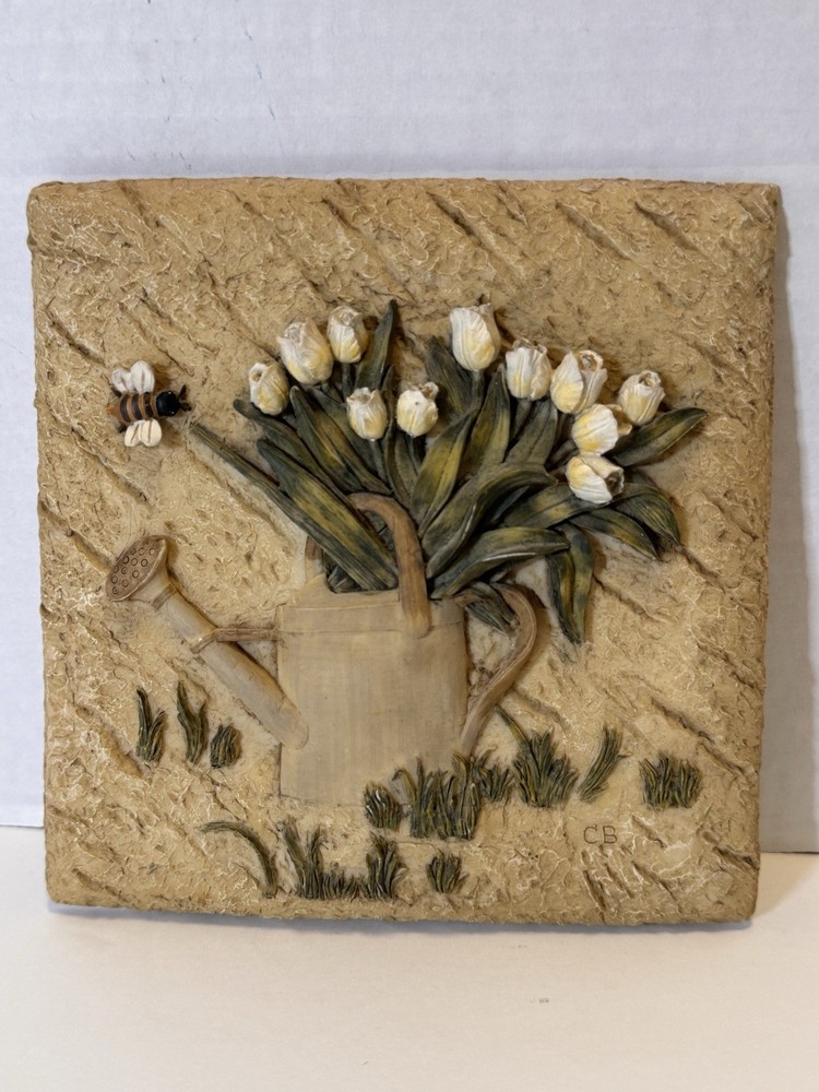 Cheri Blum Textured 3D Resin Hanging Wall Plaque Bee And Watering Can Art Decor