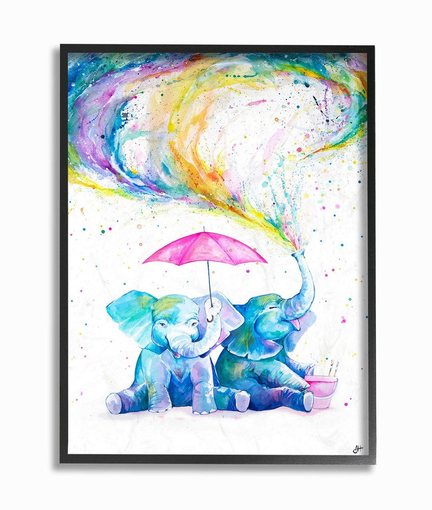 Rainbow Watercolor Elephants with Pink Umbrella Black Framed Wall Art