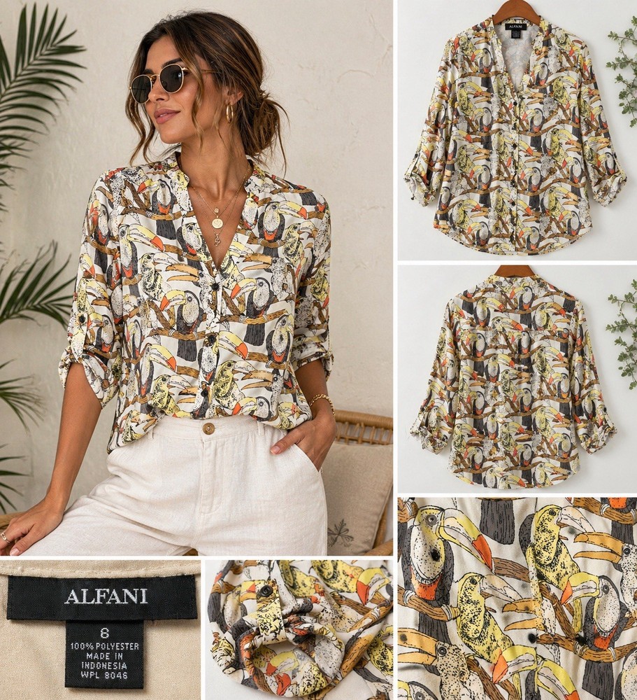 Alfani Toucan Bird Print Blouse Women’s Size 6 Tropical Button Front Top