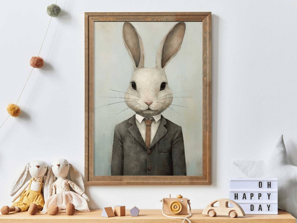 Vintage Nursery Decor Rabbit In Suit Tie Woodland Forest Animal Art Funny