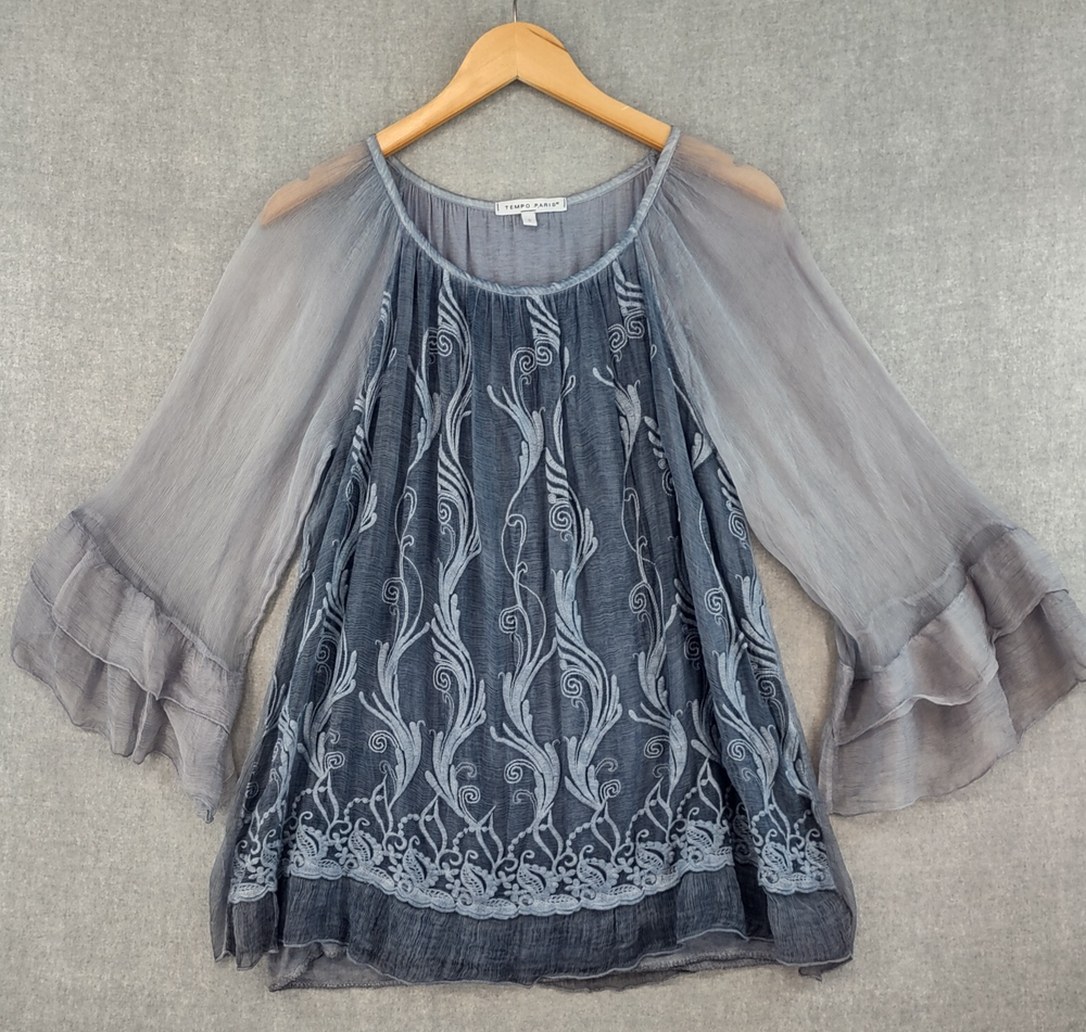 Tempo Paris Silk Blouse Small Blue Gray Embroidered Sheer Lined Tunic Top Boho