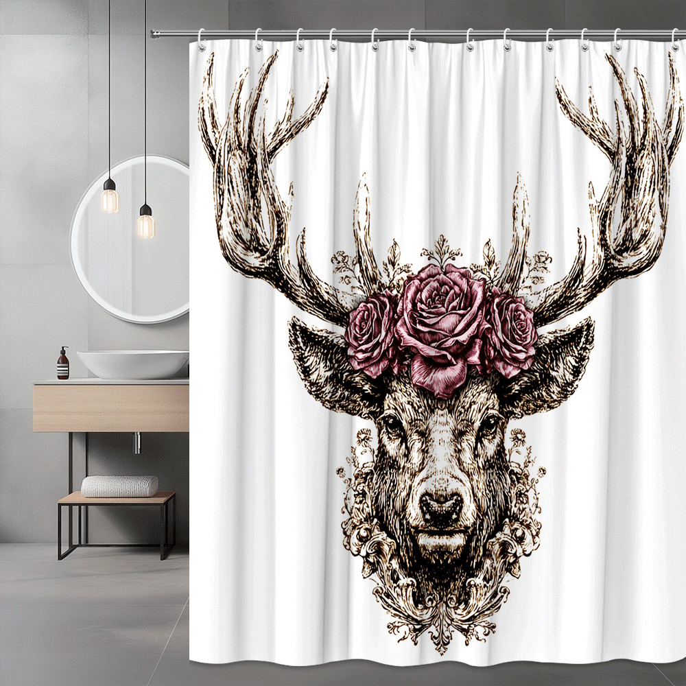 Boho Deer Head Floral Shower Curtain