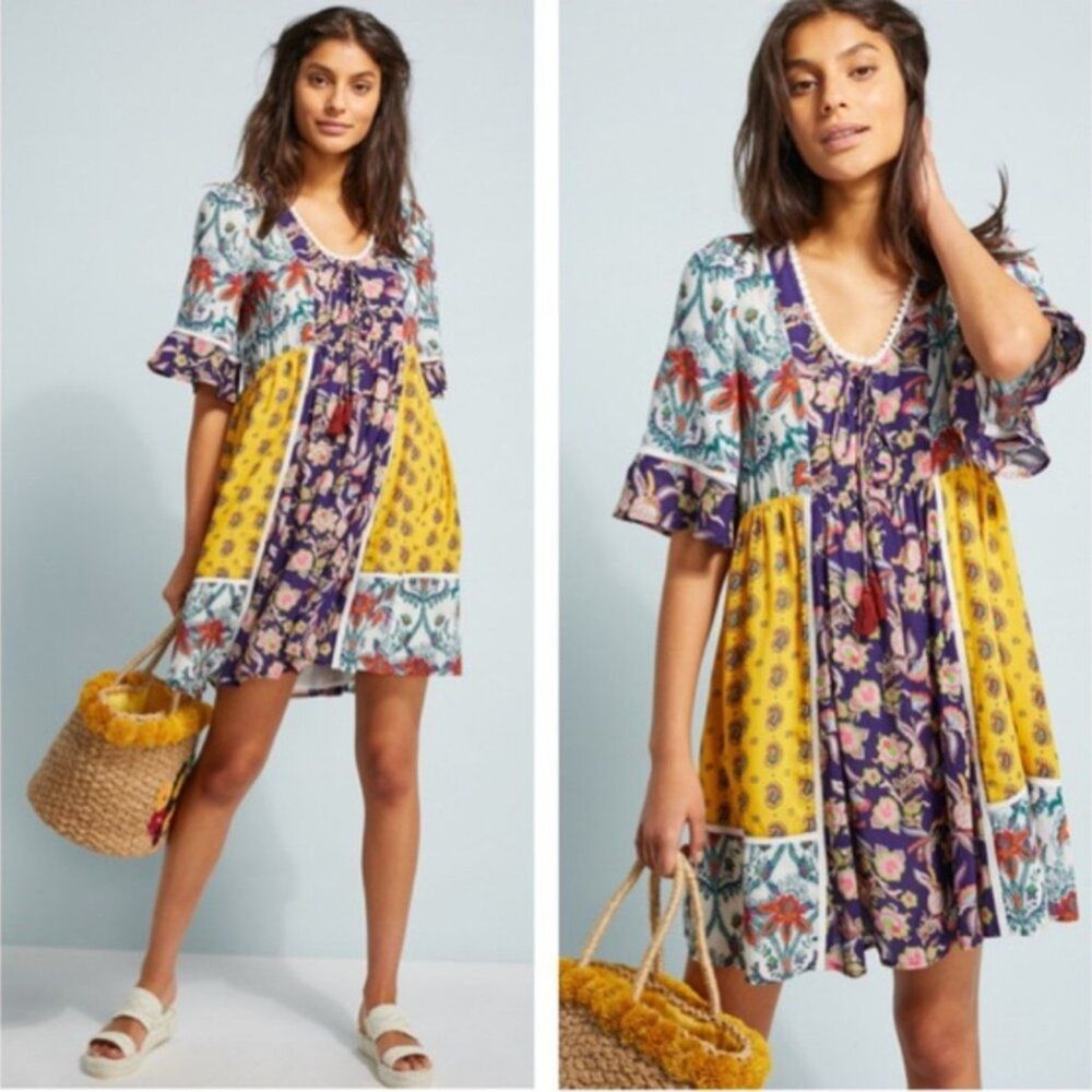 Anthropologie Lilka Patchwork Dress Mixed Pattern Florals - M