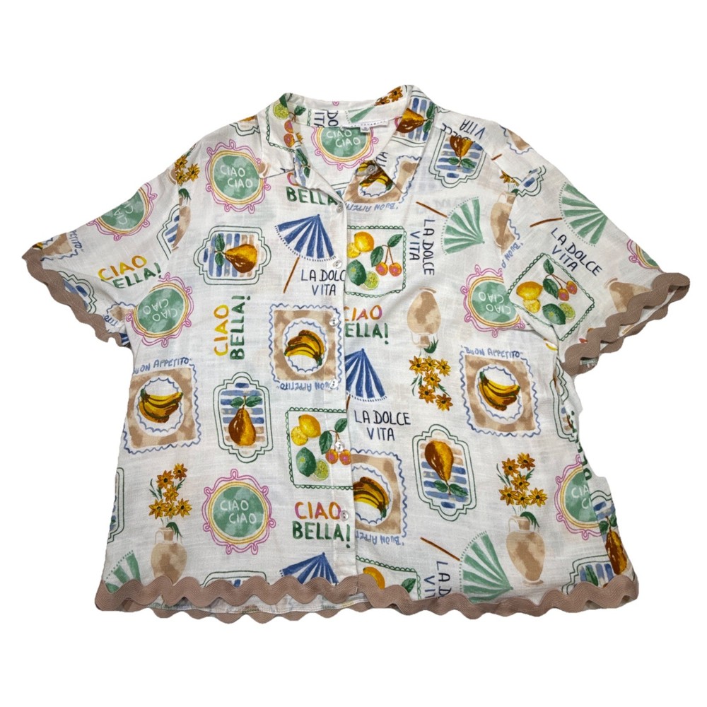 Jane + Delancey Women Blouse XL Linen Blend Italian Print Ciao Bella Top