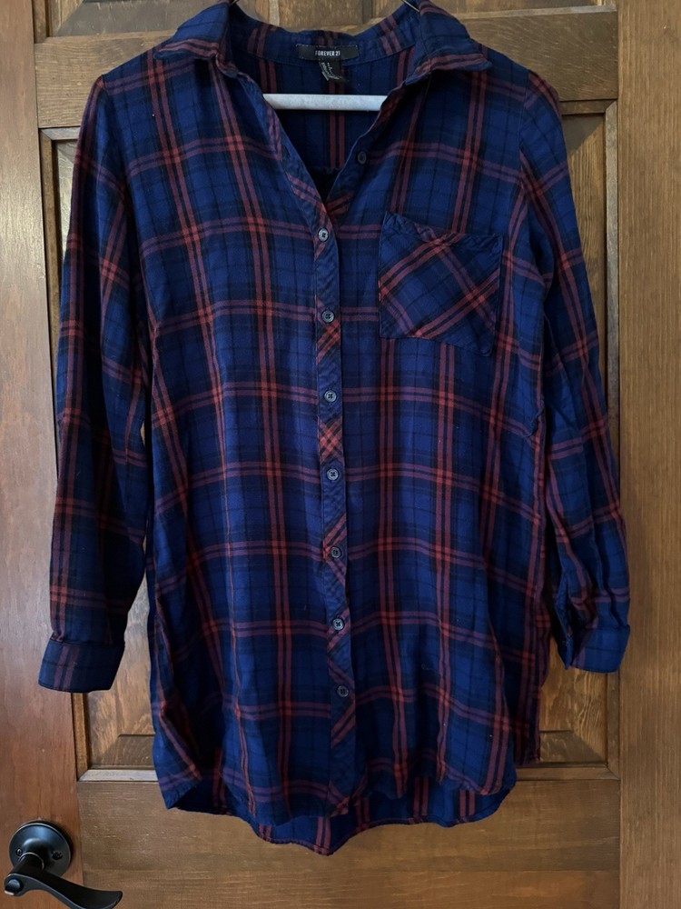 FOREVER 21 Navy Red Plaid Flannel Button-Up Long Sleeve Collared Women's Shirt S