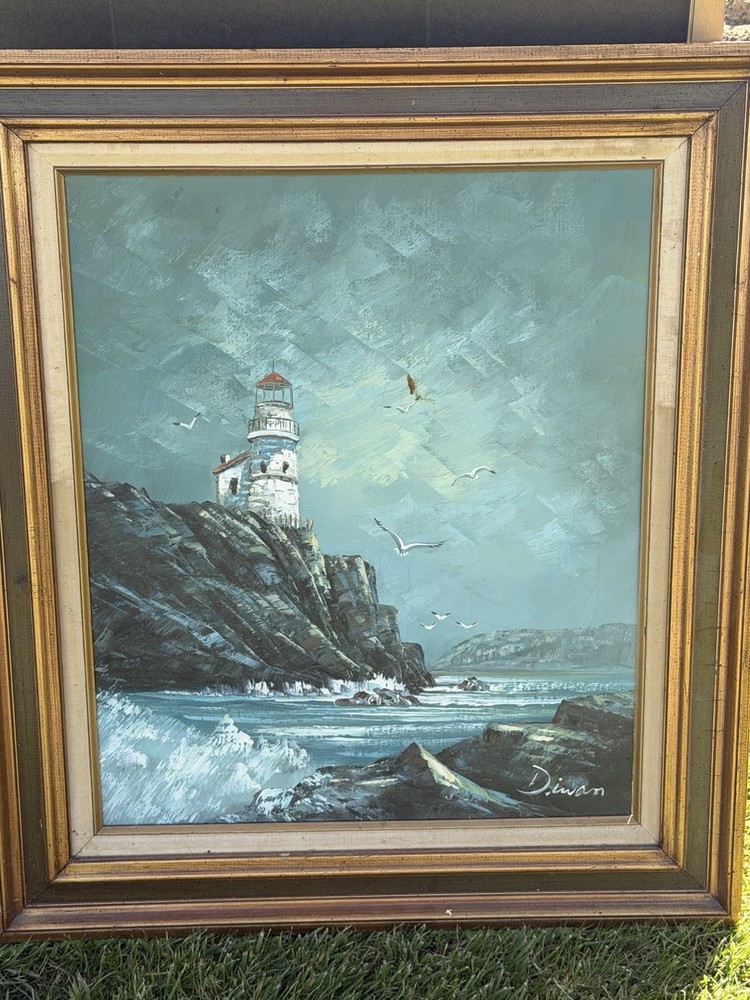 Diarra Framed Signed Impressionist Oil Painting Lighthouse Seascape Cliffs Ocean