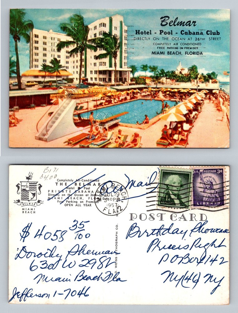 Miami Beach, FL-Florida, Belmar Hotel Oceanfront Pool Vintage c1957 Postcard