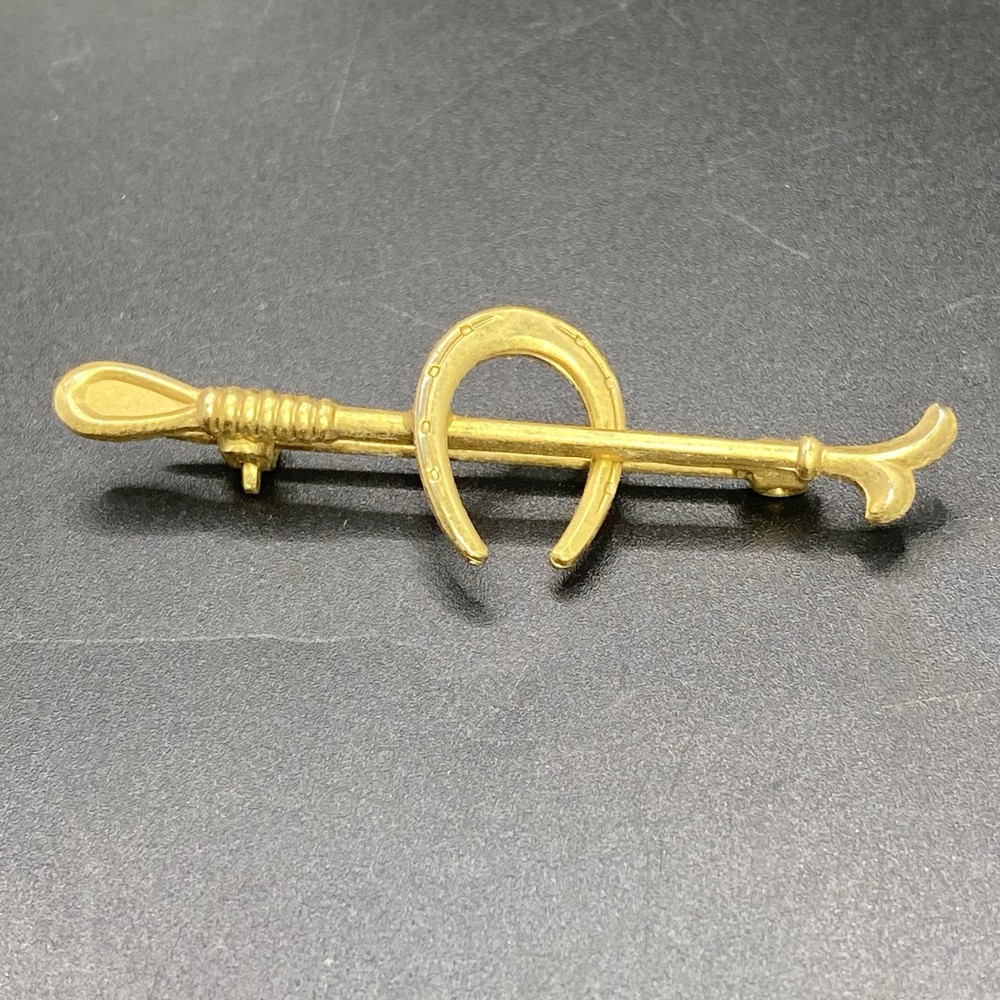 Vintage Gold Tone Horseshoe Equestrian Riding Crop Brooch Pin Stock Tie Slide